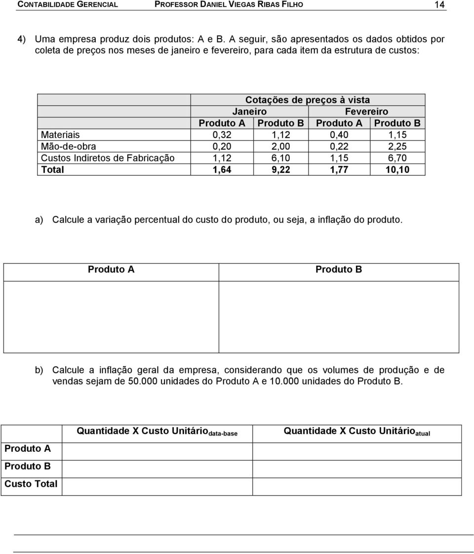 Produto B Produto A Produto B Materiais 0,32 1,12 0,40 1,15 Mão-de-obra 0,20 2,00 0,22 2,25 Custos Indiretos de Fabricação 1,12 6,10 1,15 6,70 Total 1,64 9,22 1,77 10,10 a) Calcule a variação