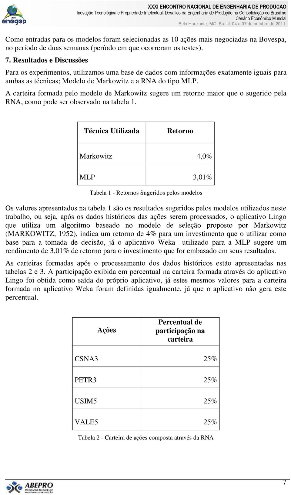 A carteira formada pelo modelo de Markowitz sugere um retorno maior que o sugerido pela RNA, como pode ser observado na tabela 1.