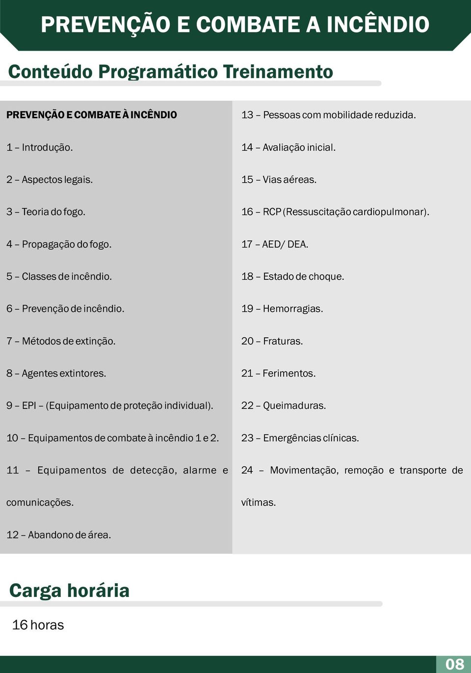 6 Prevenção de incêndio. 19 Hemorragias. 7 Métodos de extinção. 20 Fraturas. 8 Agentes extintores. 21 Ferimentos. 9 EPI (Equipamento de proteção individual). 22 Queimaduras.