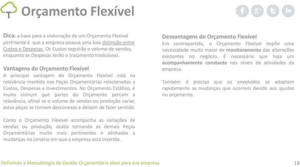 Vantagens do Orçamento Flexível A principal vantagem do Orçamento Flexível está na relevância mantida nas Peças Orçamentárias relacionadas a Custos, Despesas e Investimentos.