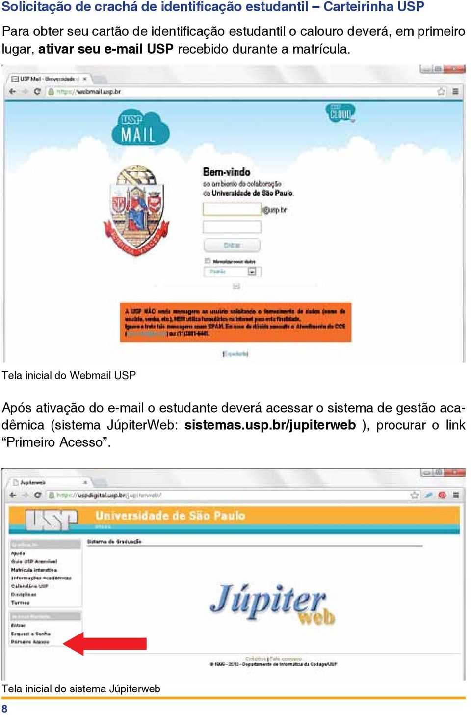 Tela inicial do Webmail USP Após ativação do e-mail o estudante deverá acessar o sistema de gestão acadêmica