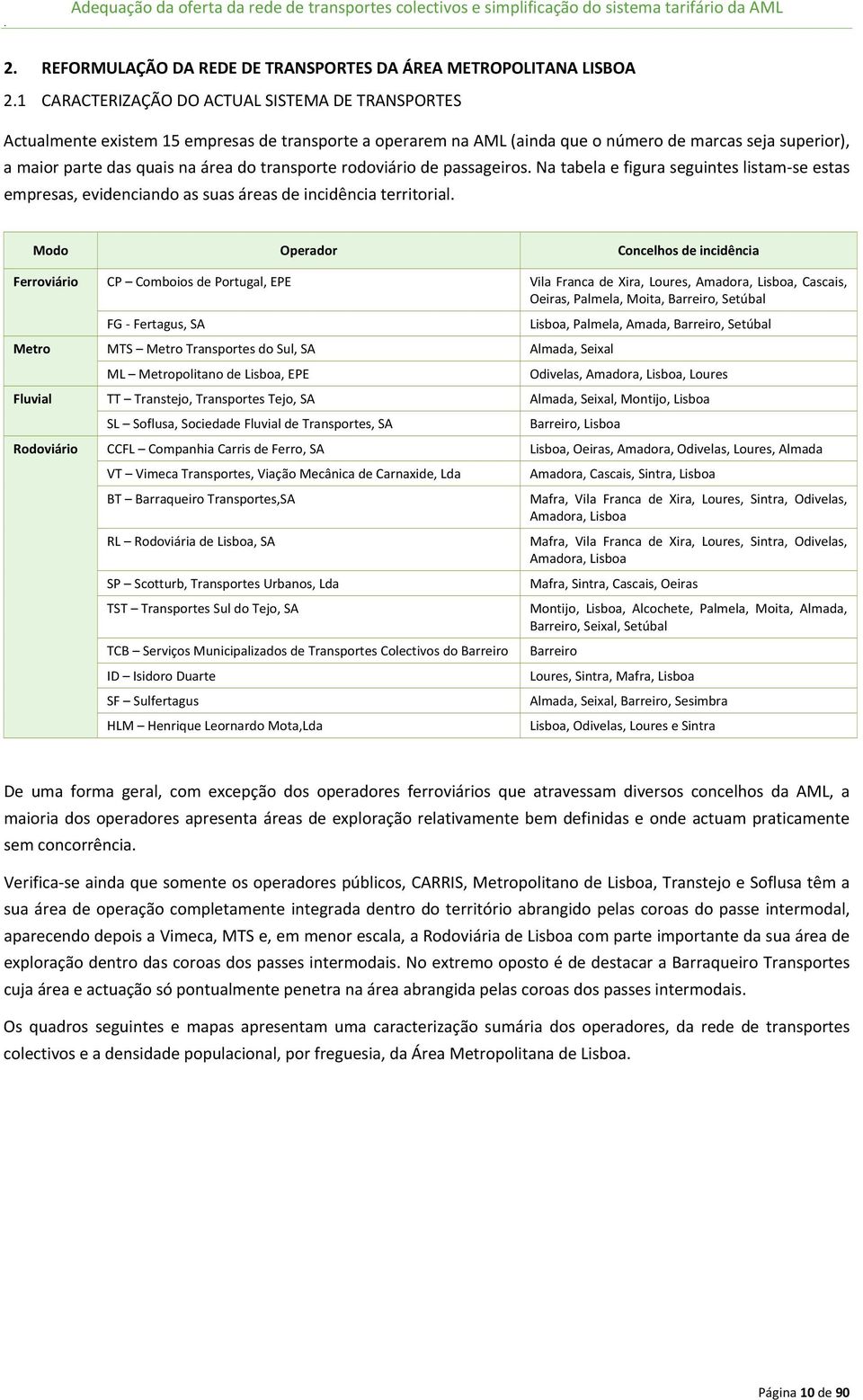 transporte rodoviário de passageiros. Na tabela e figura seguintes listam se estas empresas, evidenciando as suas áreas de incidência territorial.