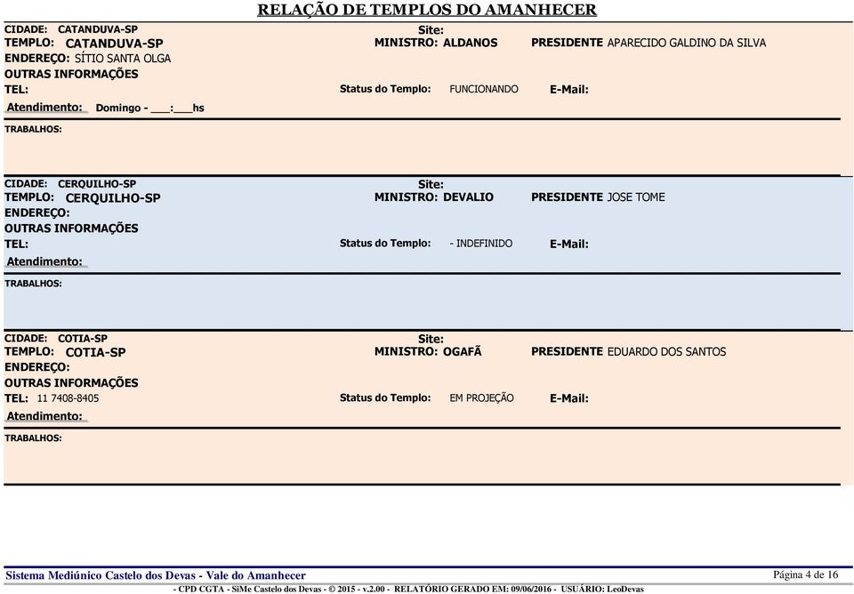 DEVALIO PRESIDENTE JOSE TOME CIDADE: COTIA-SP TEMPLO: COTIA-SP MINISTRO: OGAFÃ PRESIDENTE EDUARDO DOS SANTOS TEL: