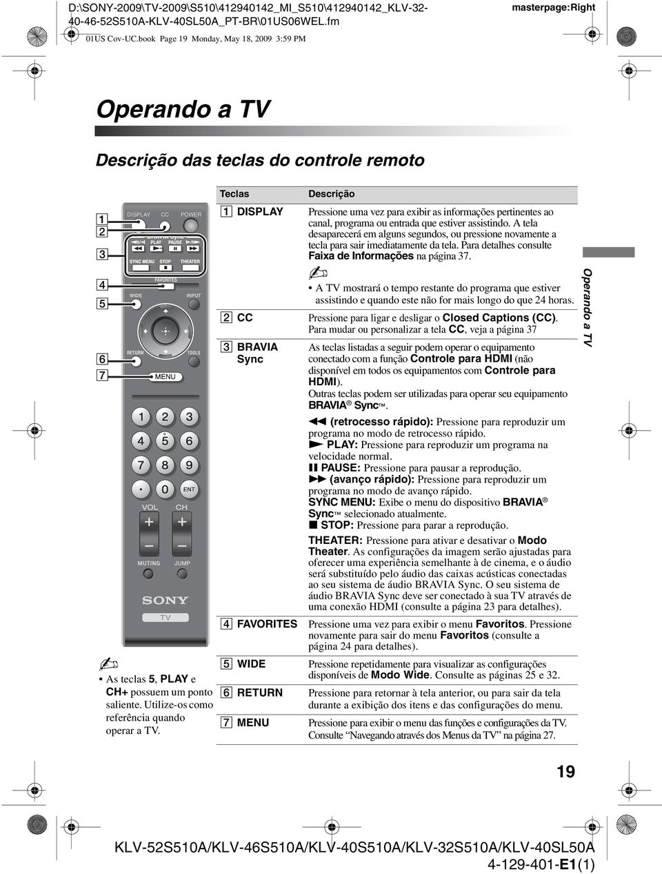 Utilize-os como referência quando operar a TV. Teclas Descrição 1 DISPLAY Pressione uma vez para exibir as informações pertinentes ao canal, programa ou entrada que estiver assistindo.