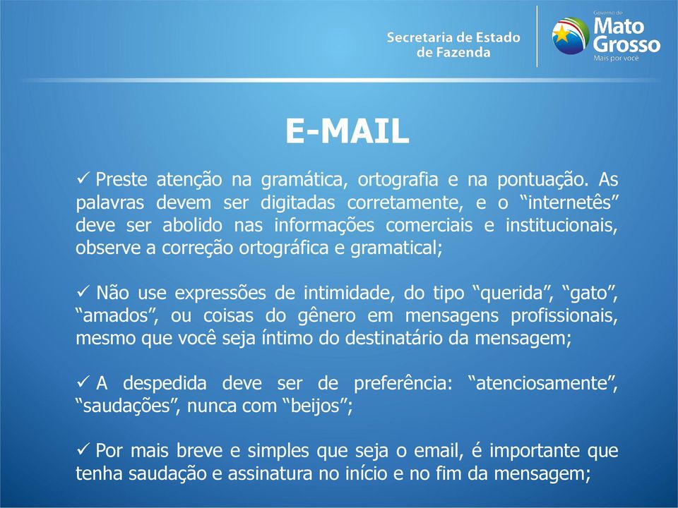 ortográfica e gramatical; Não use expressões de intimidade, do tipo querida, gato, amados, ou coisas do gênero em mensagens profissionais, mesmo que