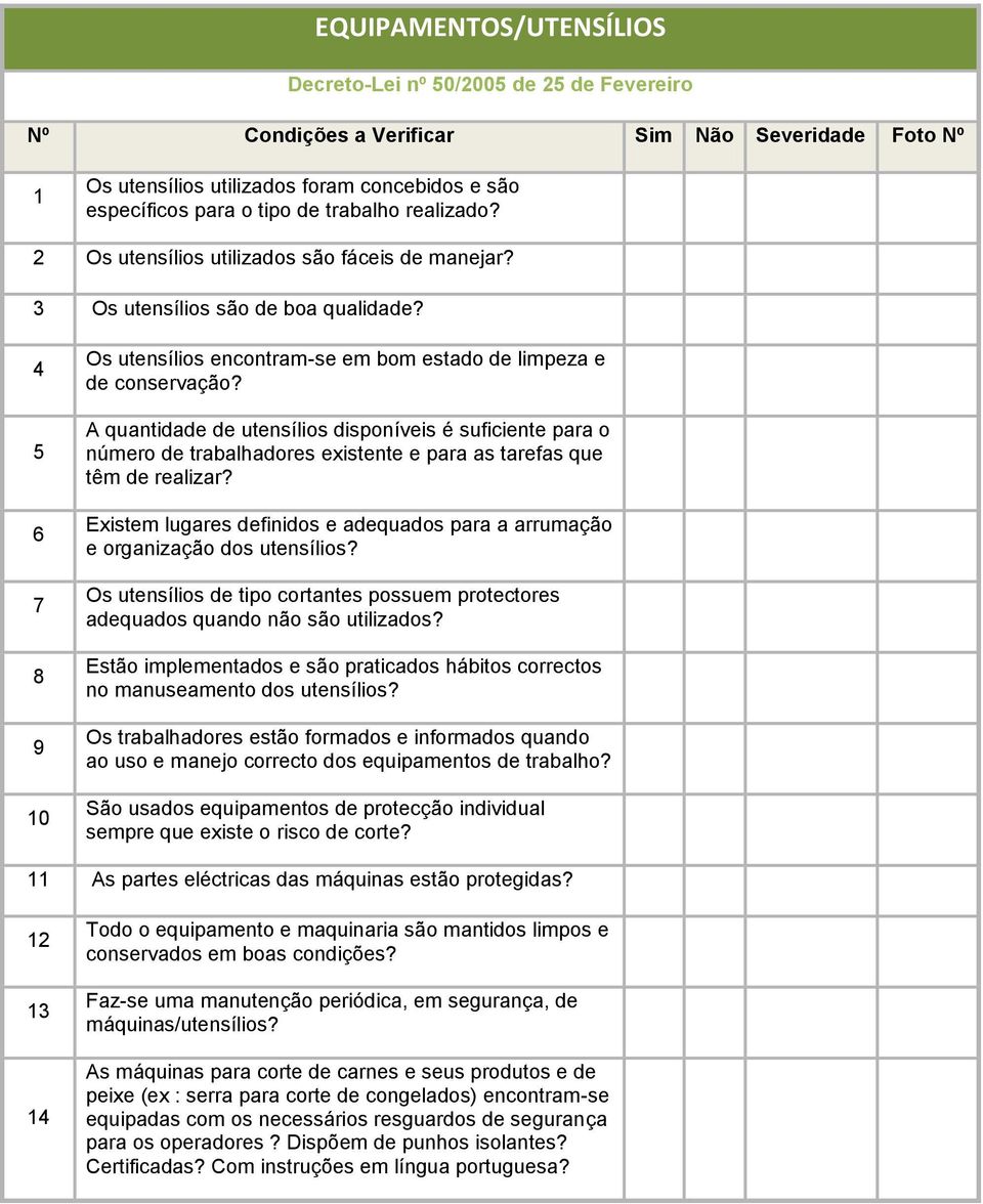 A quantidade de utensílios disponíveis é suficiente para o número de trabalhadores existente e para as tarefas que têm de realizar?