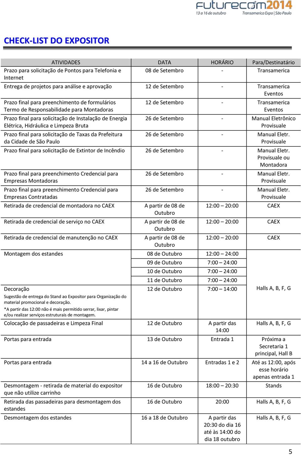 Elétrica, Hidráulica e Limpeza Bruta Prazo final para solicitação de Taxas da Prefeitura da Cidade de São Paulo 12 de Setembro - Transamerica Eventos 26 de Setembro - Manual Eletrônico Provisuale 26