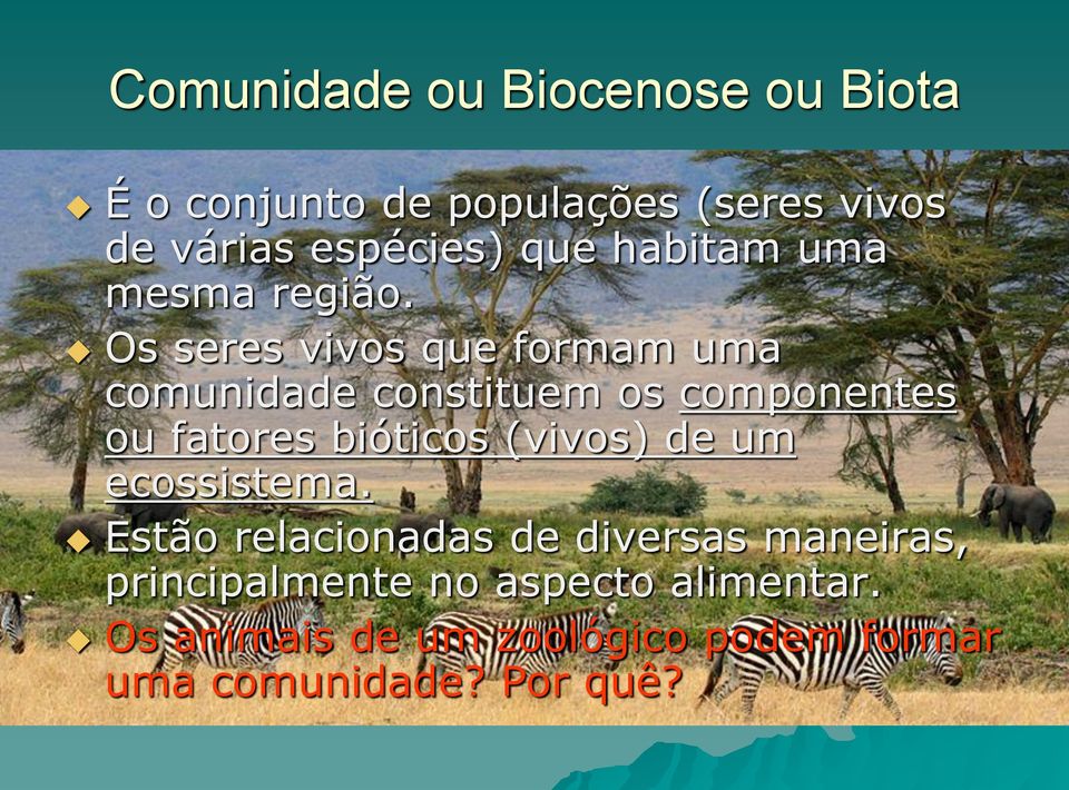 Os seres vivos que formam uma comunidade constituem os componentes ou fatores bióticos (vivos)