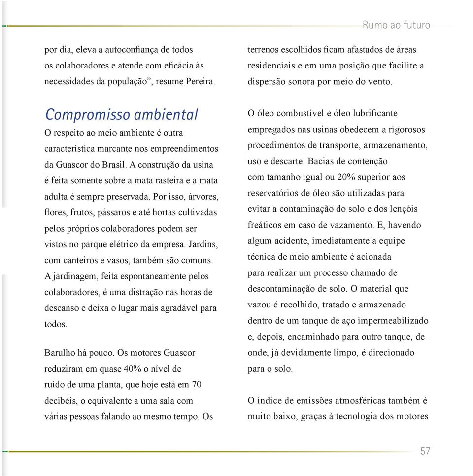 Compromisso ambiental O respeito ao meio ambiente é outra característica marcante nos empreendimentos da Guascor do Brasil.