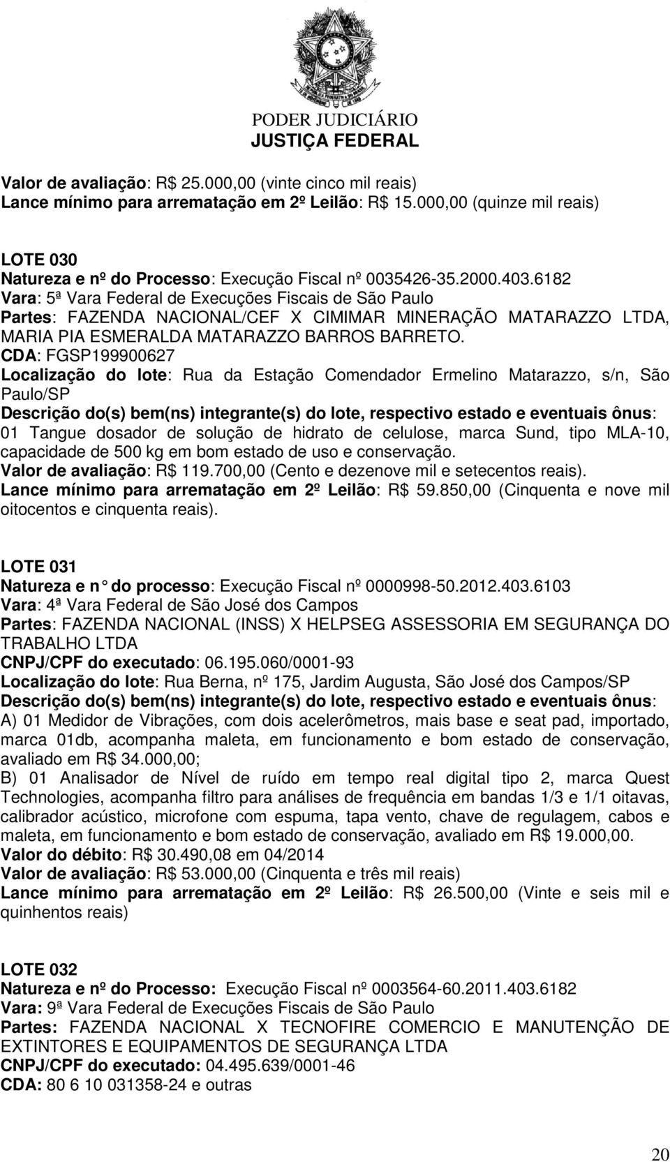 CDA: FGSP199900627 Localização do lote: Rua da Estação Comendador Ermelino Matarazzo, s/n, São Paulo/SP 01 Tangue dosador de solução de hidrato de celulose, marca Sund, tipo MLA-10, capacidade de 500