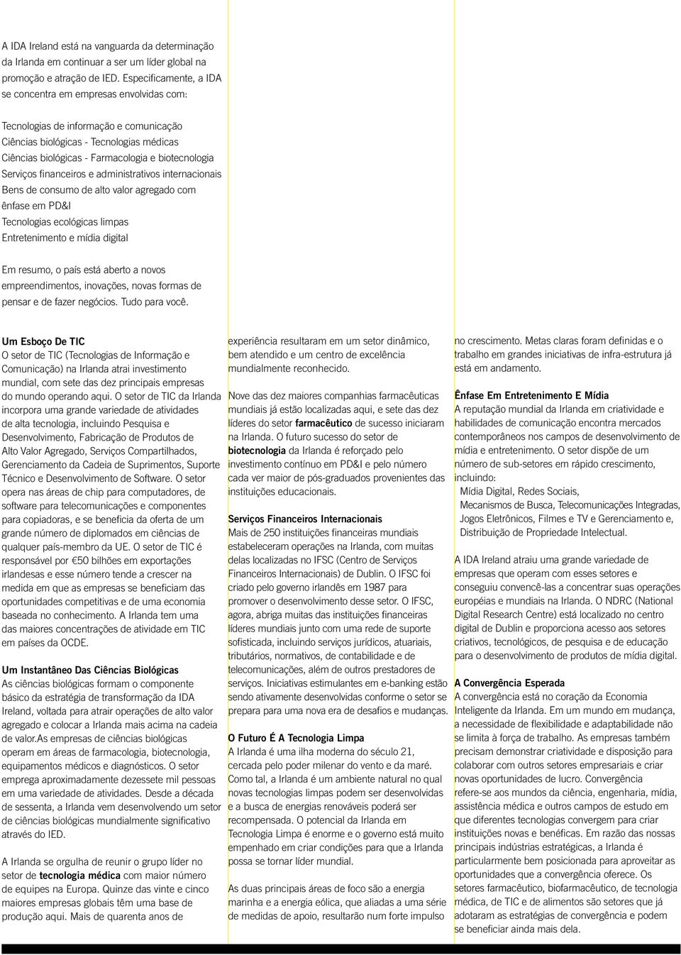 Serviços financeiros e administrativos internacionais Bens de consumo de alto valor agregado com ênfase em PD&I Tecnologias ecológicas limpas Entretenimento e mídia digital Em resumo, o país está