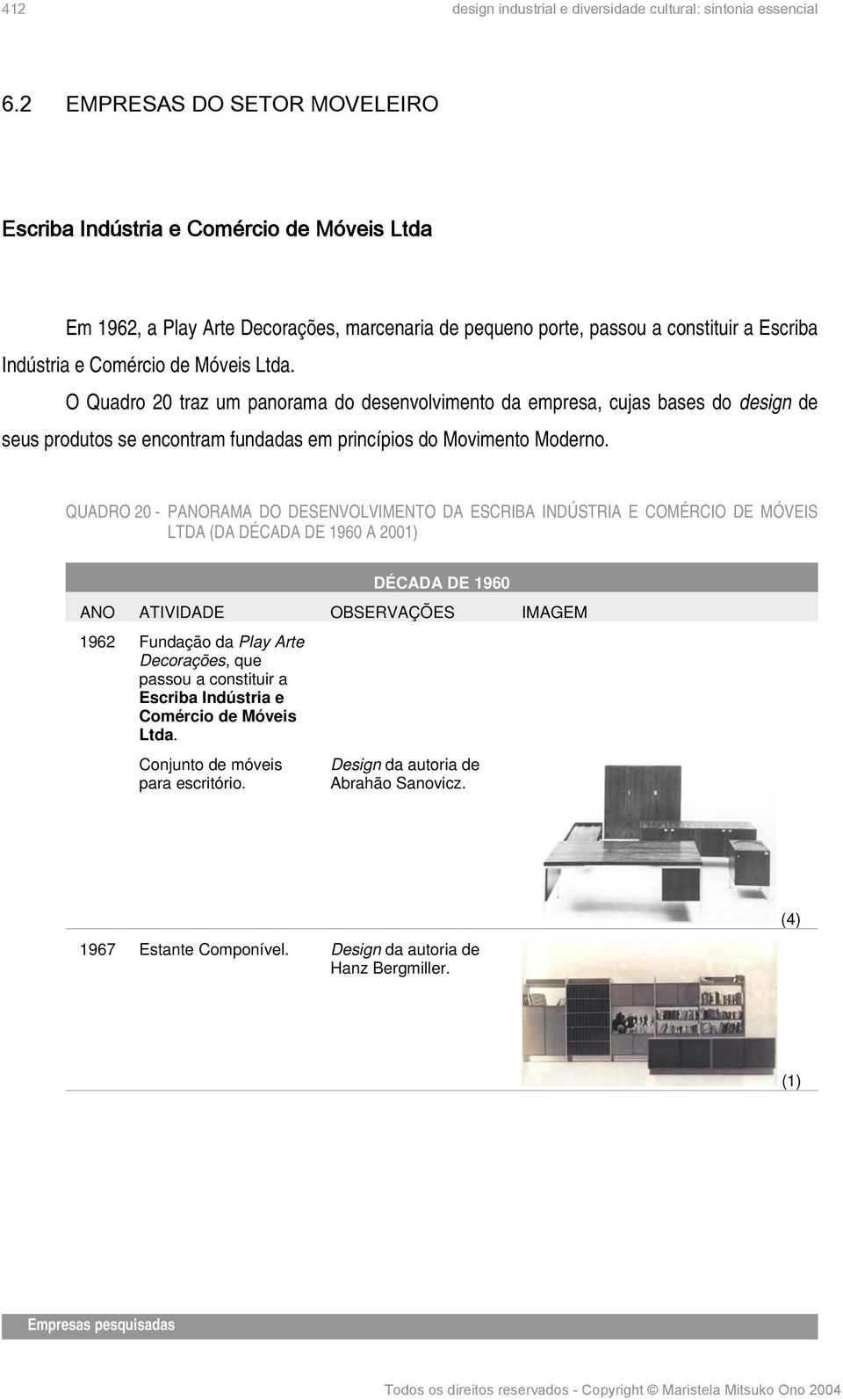 Ltda. O Quadro 20 traz um panorama do desenvolvimento da empresa, cujas bases do design de seus produtos se encontram fundadas em princípios do Movimento Moderno.