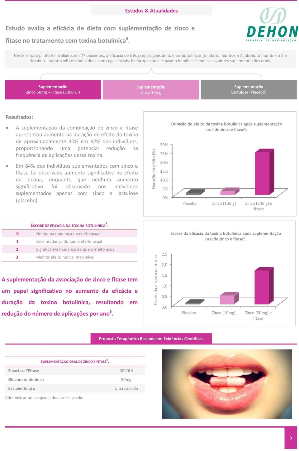 faciais, blefaropasmo e espasmo hemifacial com as seguintes suplementações orais: Zinco 50mg + (3000 UI) Zinco 10mg Lactulose (Placebo) Resultados: A suplementação da combinação de zinco e fitase