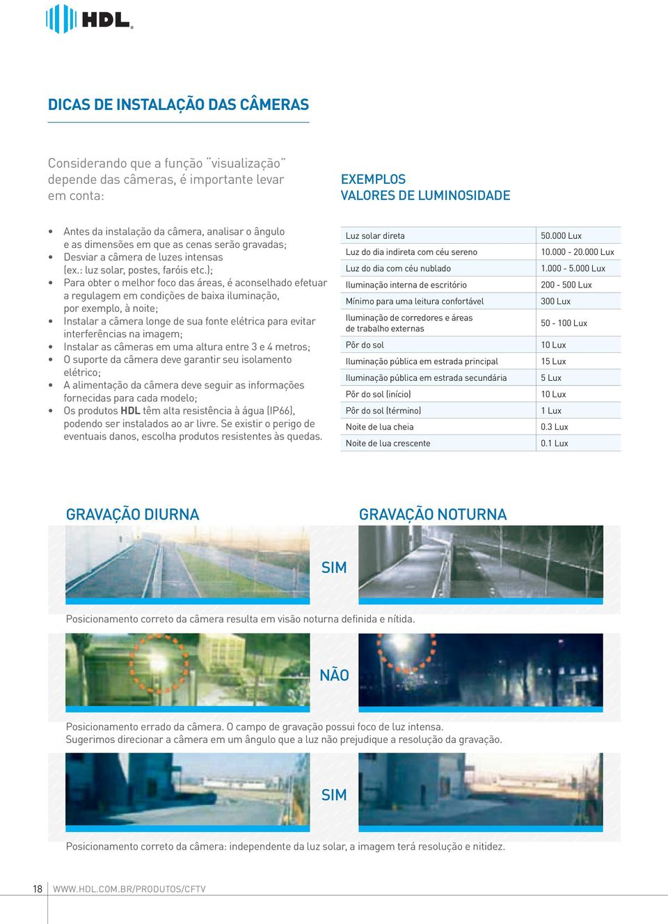 ); Para obter o melhor foco das áreas, é aconselhado efetuar a regulagem em condições de baixa iluminação, por exemplo, à noite; Instalar a câmera longe de sua fonte elétrica para evitar