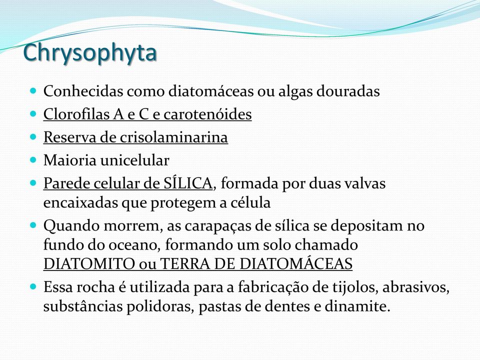 célula Quando morrem, as carapaças de sílica se depositam no fundo do oceano, formando um solo chamado DIATOMITO ou