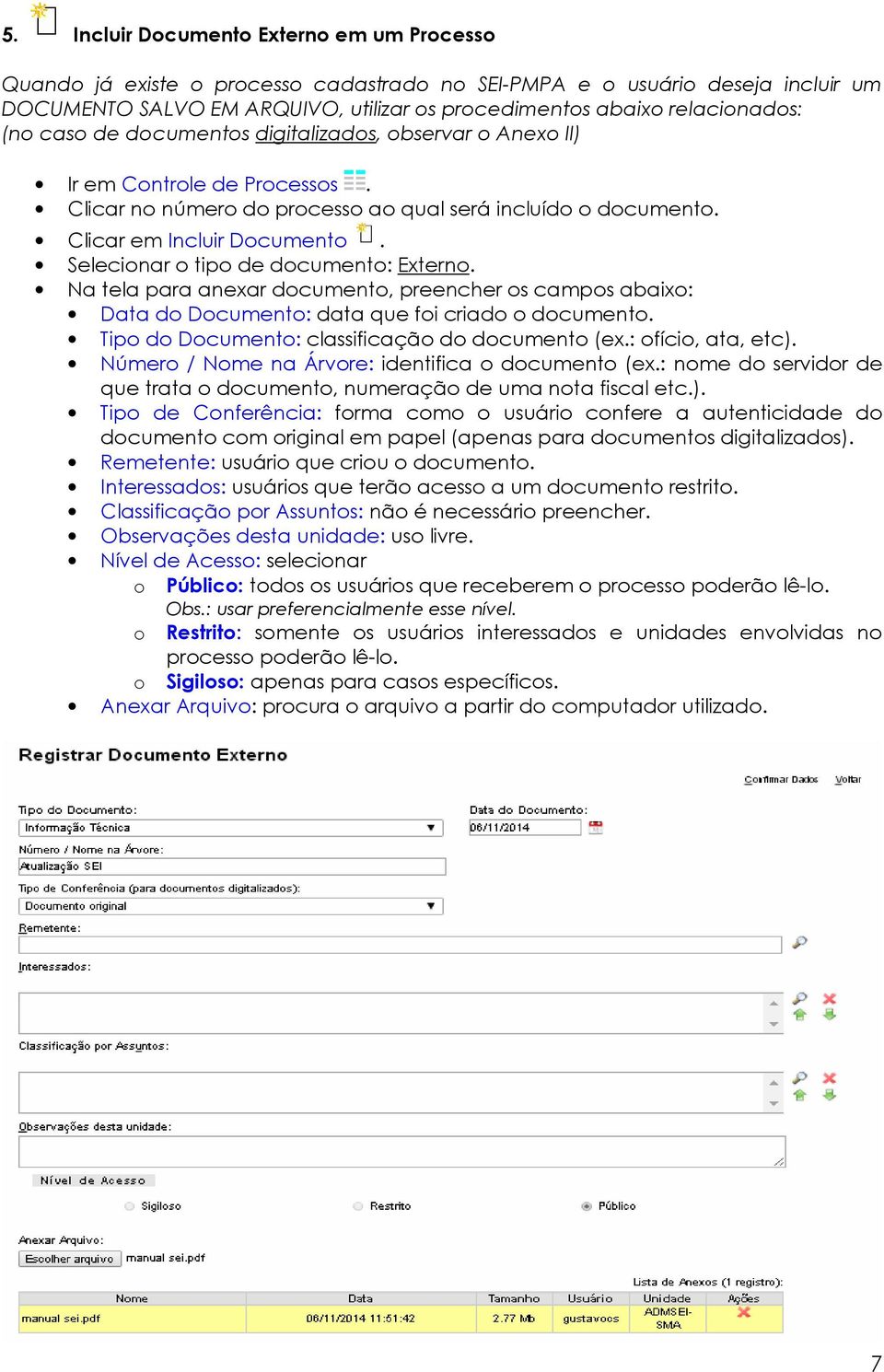 Selecionar o tipo de documento: Externo. Na tela para anexar documento, preencher os campos abaixo: Data do Documento: data que foi criado o documento.