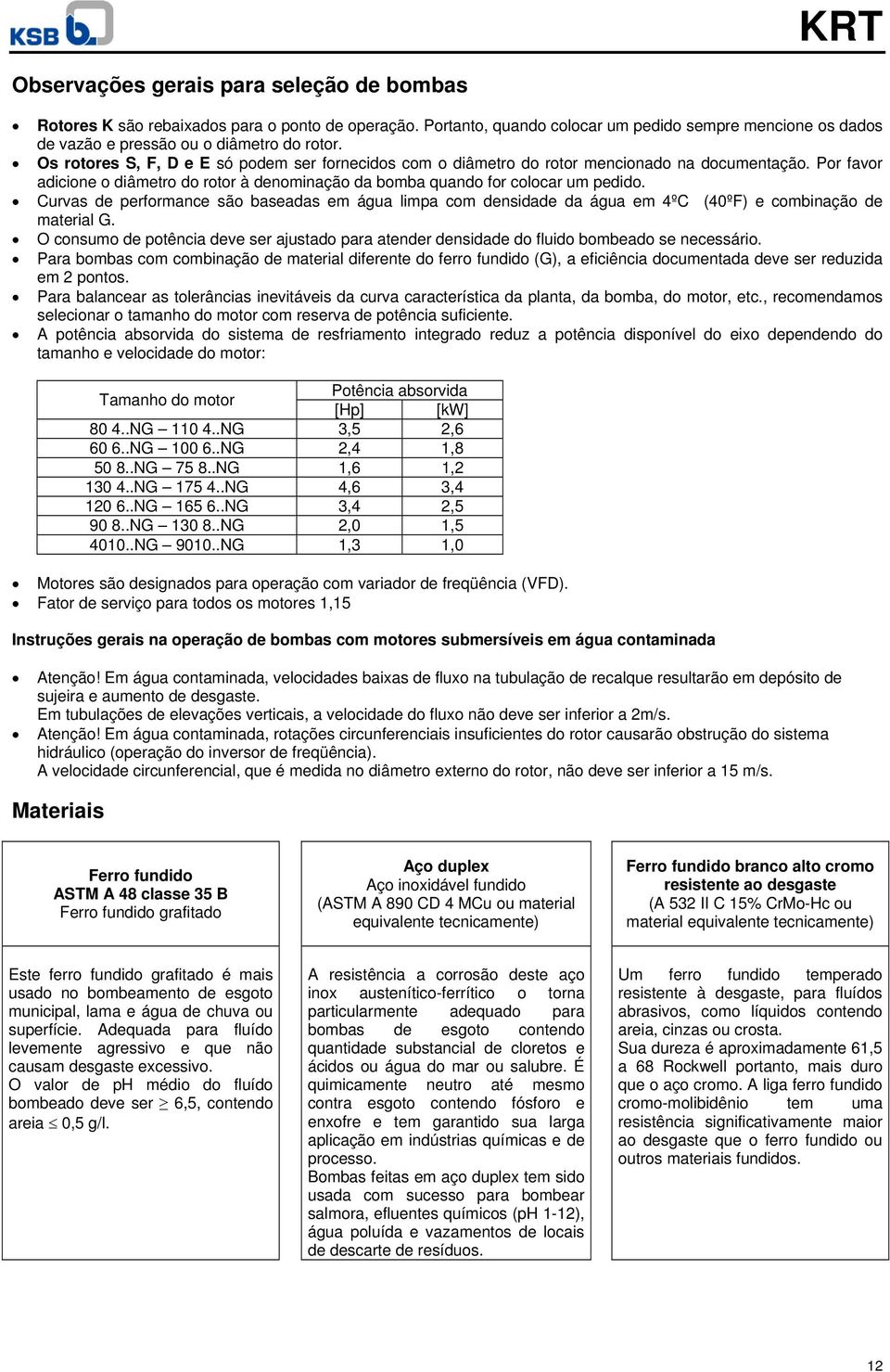 Curvas de performance são baseadas em água limpa com densidade da água em 4ºC (40ºF) e combinação de material G.