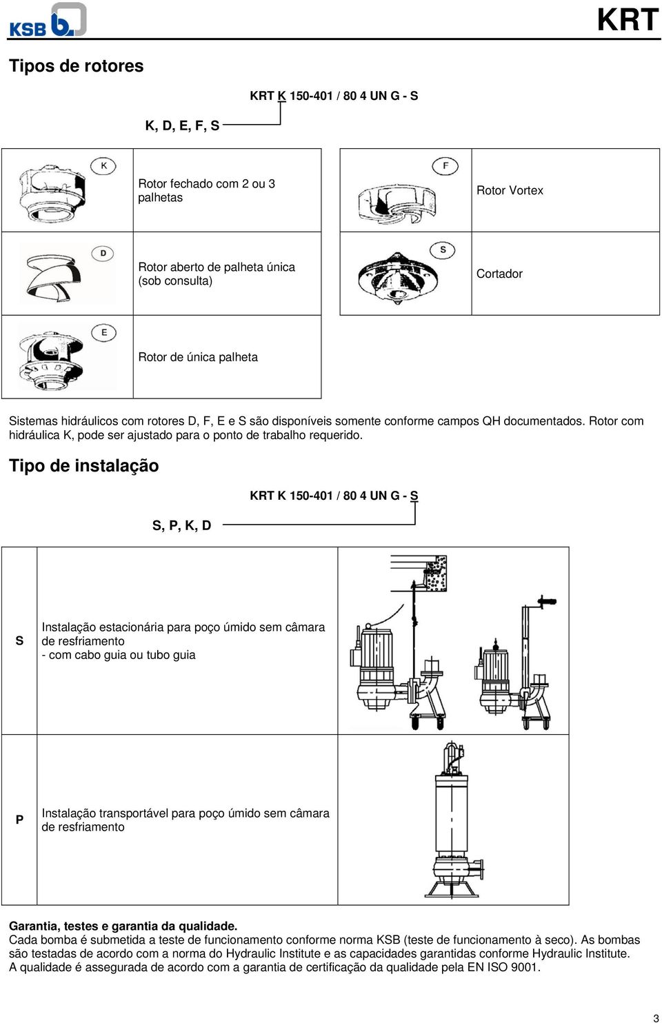 Tipo de instalação S, P, K, D KRT K 150-401 / 80 4 UN G - S S Instalação estacionária para poço úmido sem câmara de resfriamento - com cabo guia ou tubo guia P Instalação transportável para poço