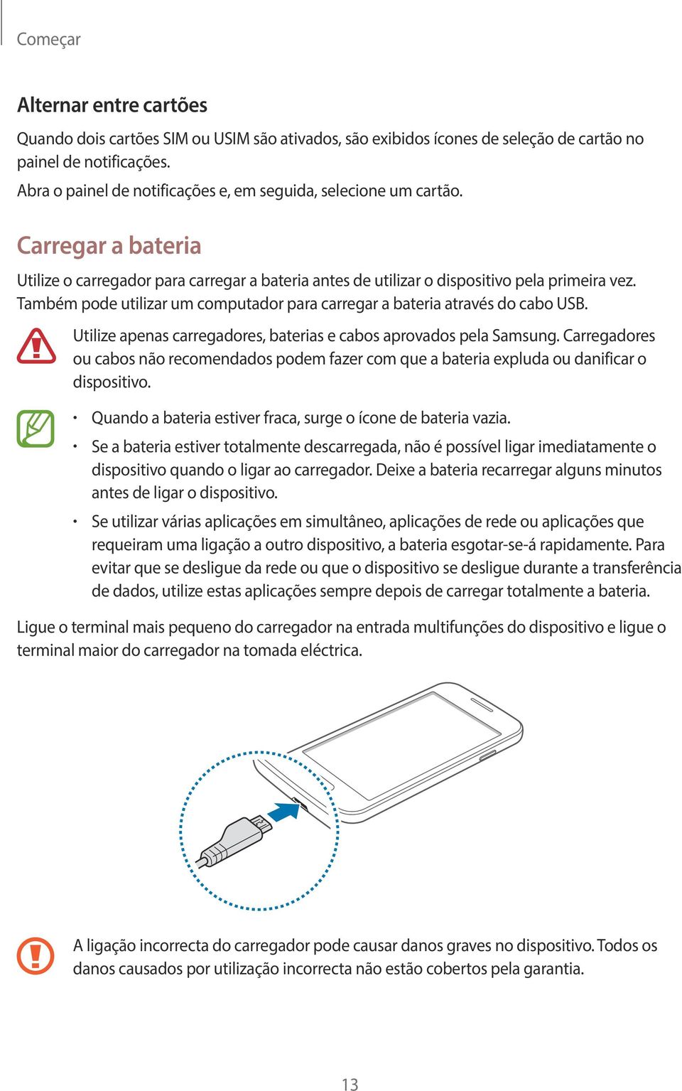 Também pode utilizar um computador para carregar a bateria através do cabo USB. Utilize apenas carregadores, baterias e cabos aprovados pela Samsung.