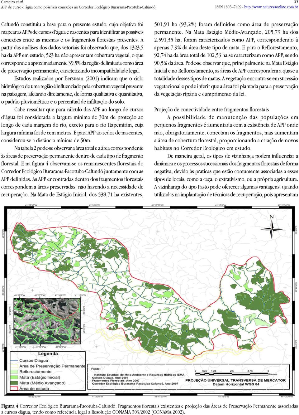 A partir das análises dos dados vetoriais foi observado que, dos 1323,5 ha da APP em estudo, 523 ha não apresentam cobertura vegetal, o que corresponde a aproximadamente 39,5% da região delimitada