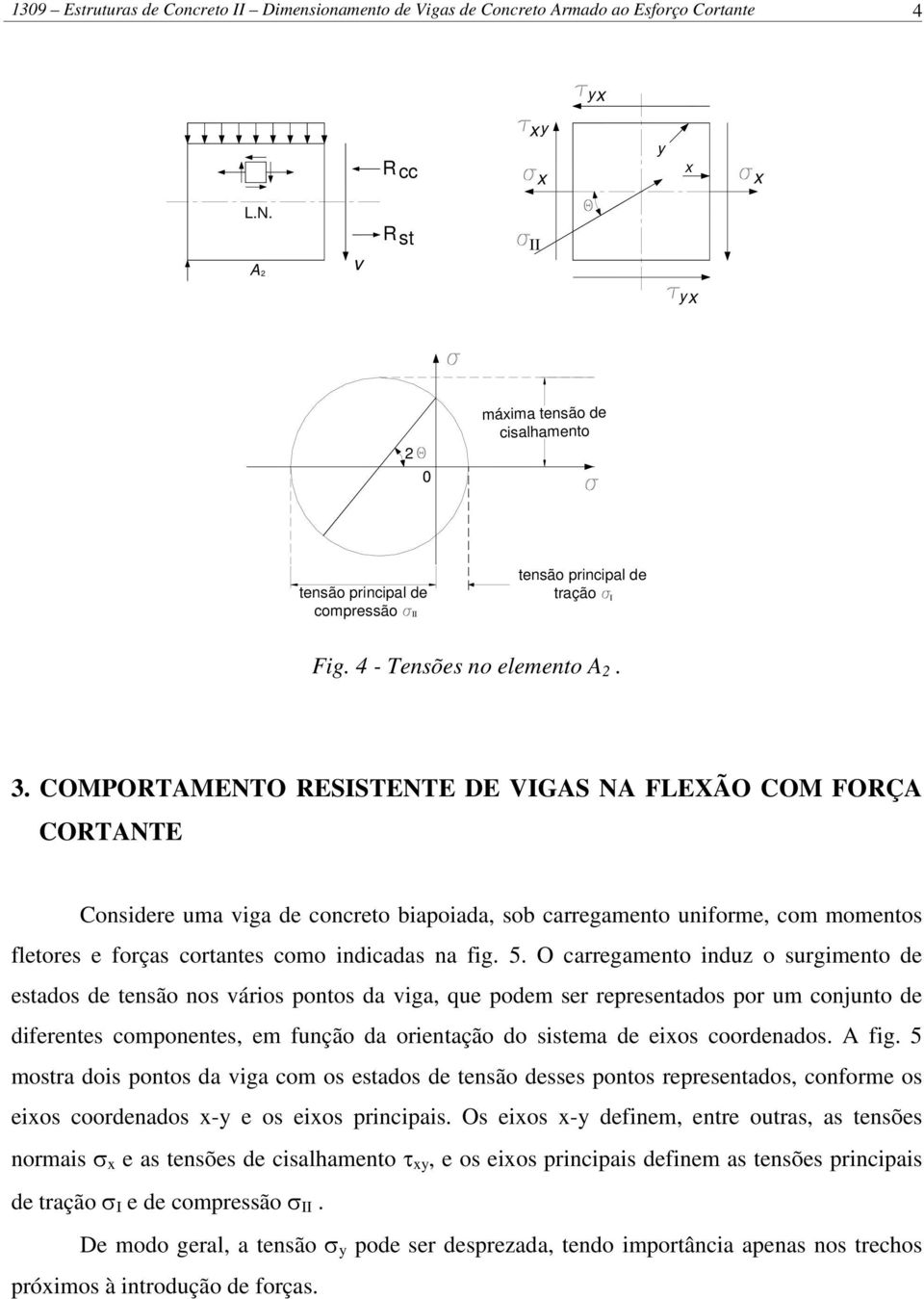 COMPORTMENTO RESISTENTE DE IGS N FLEXÃO COM FORÇ CORTNTE Conidere uma viga de onreto biapoiada, ob arregamento uniforme, om momento fletore e força ortante omo indiada na fig. 5.