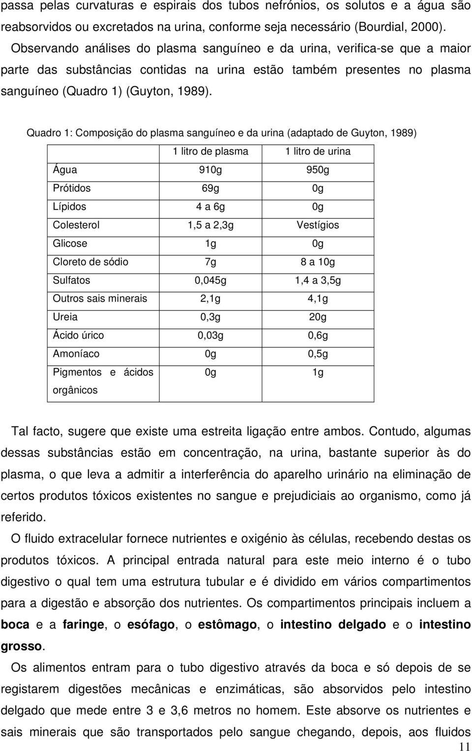 Quadro 1: Composição do plasma sanguíneo e da urina (adaptado de Guyton, 1989) 1 litro de plasma 1 litro de urina Água 910g 950g Prótidos 69g 0g Lípidos 4 a 6g 0g Colesterol 1,5 a 2,3g Vestígios