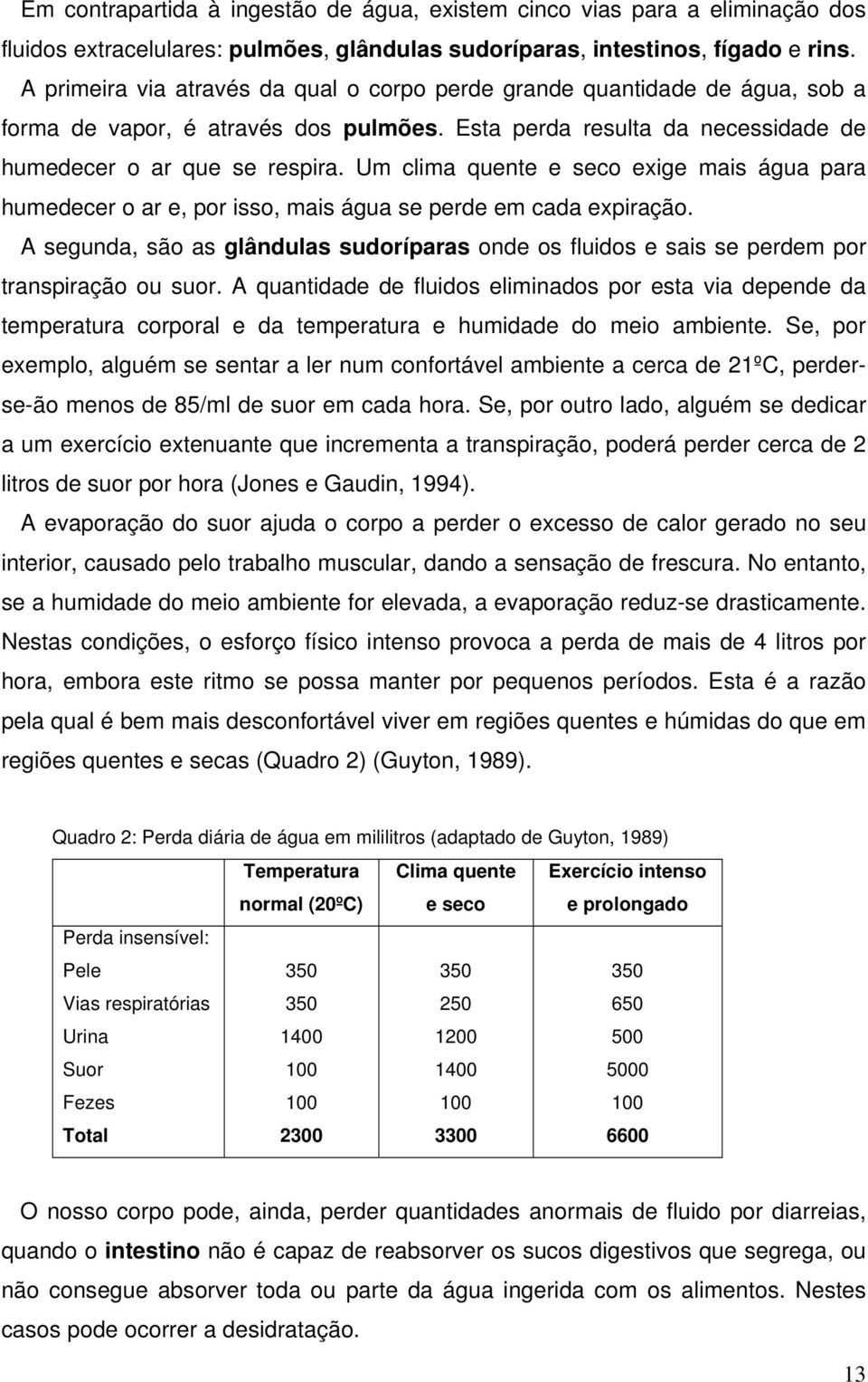 Um clima quente e seco exige mais água para humedecer o ar e, por isso, mais água se perde em cada expiração.