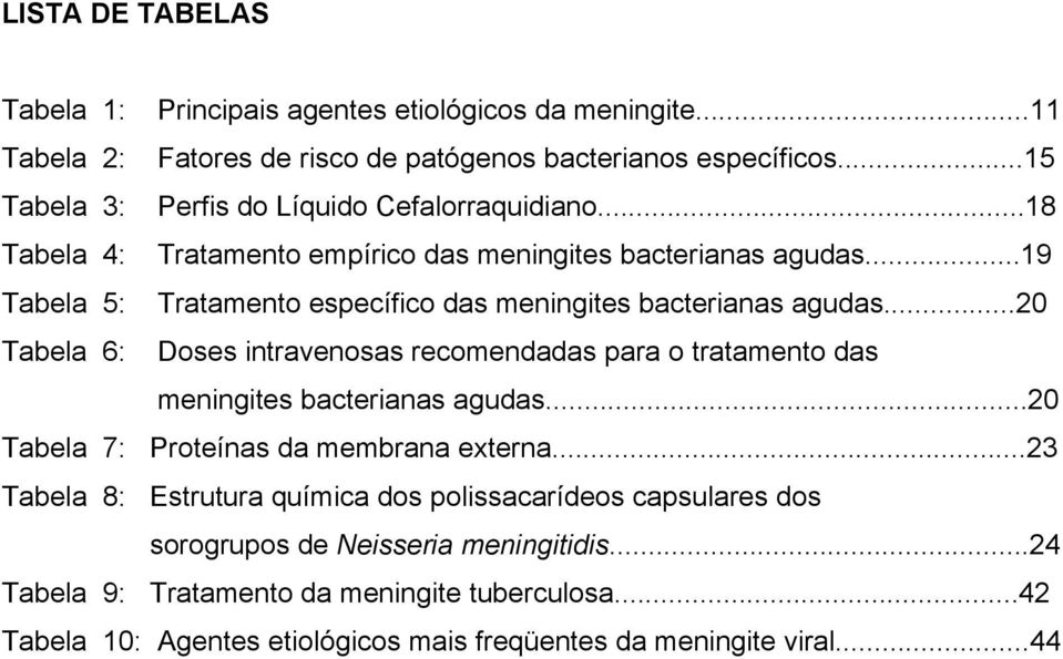 ..19 Tabela 5: Tratamento específico das meningites bacterianas agudas...20 Tabela 6: Doses intravenosas recomendadas para o tratamento das meningites bacterianas agudas.