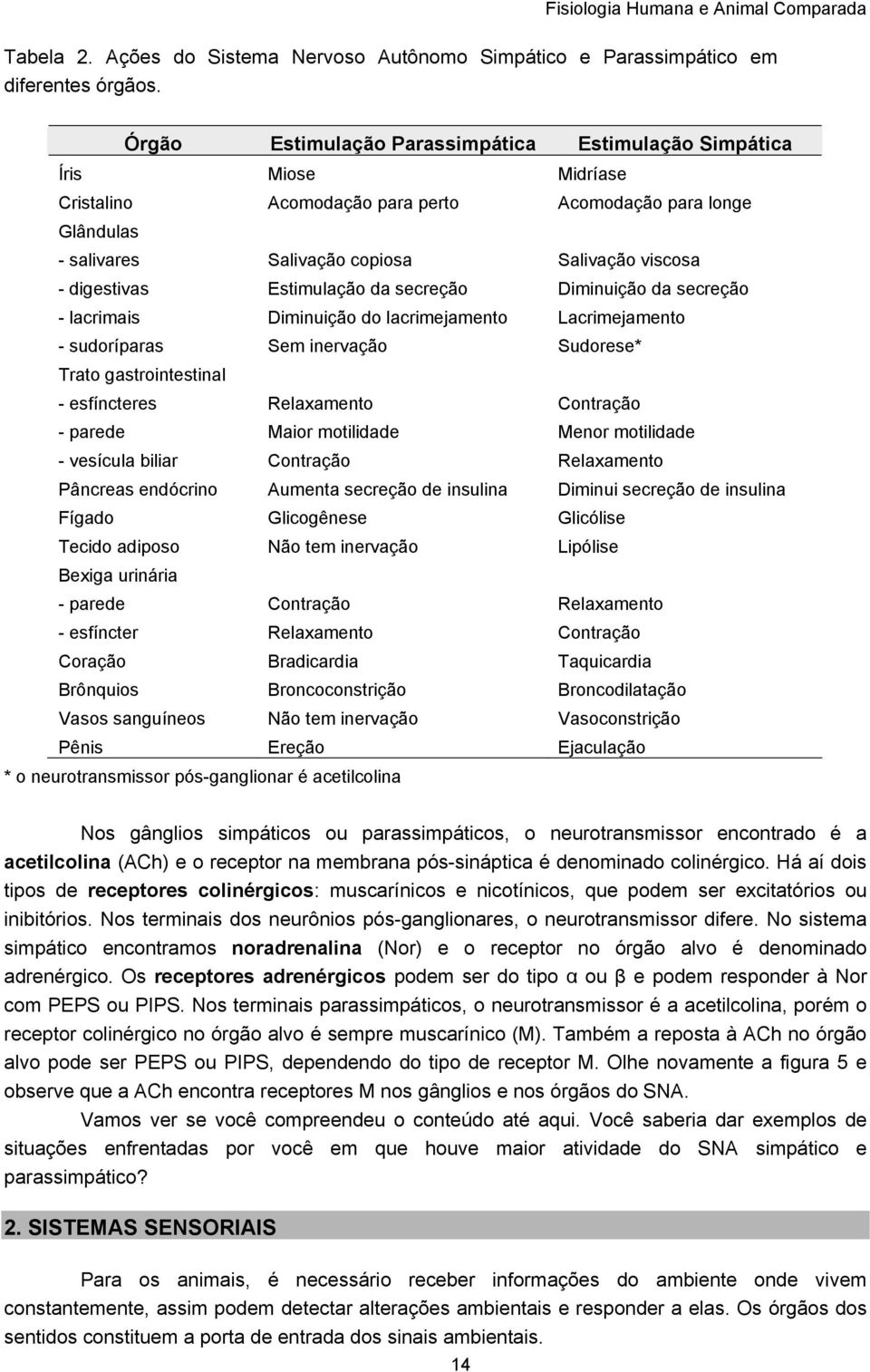 Salivação copiosa Estimulação da secreção Diminuição do lacrimejamento Sem inervação Salivação viscosa Diminuição da secreção Lacrimejamento Sudorese* Trato gastrointestinal - esfíncteres - parede -