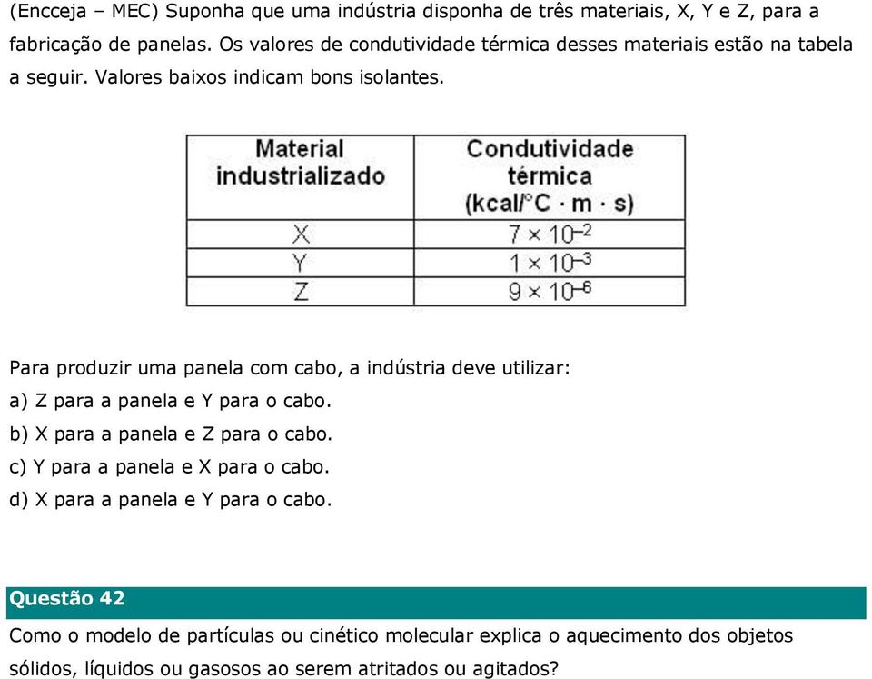 Para produzir uma panela com cabo, a indústria deve utilizar: a) Z para a panela e Y para o cabo. b) X para a panela e Z para o cabo.