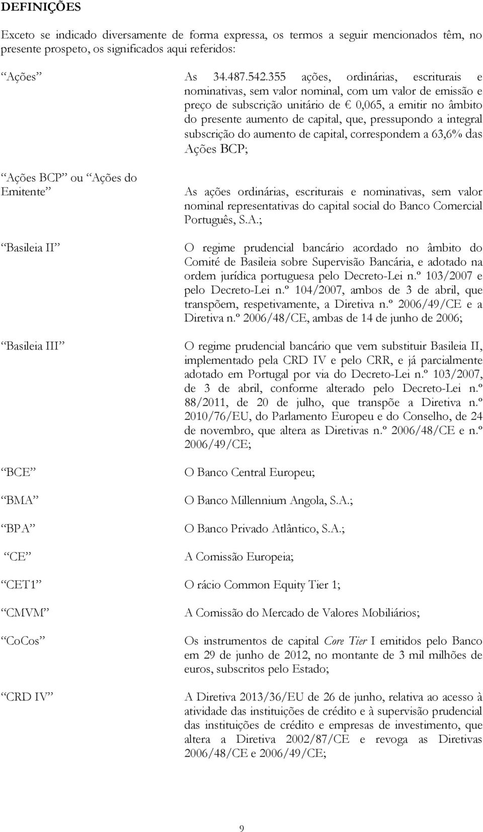 pressupondo a integral subscrição do aumento de capital, correspondem a 63,6% das Ações BCP; Ações BCP ou Ações do Emitente Basileia II Basileia III BCE BMA BPA CE As ações ordinárias, escriturais e