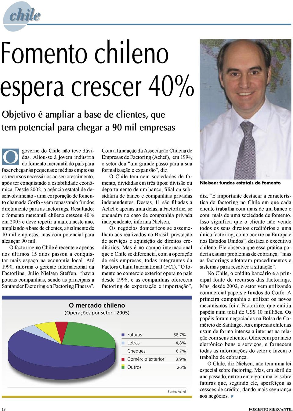 Desde 2002, a agência estatal de desenvolvimento uma corporação de fomento chamada Corfo vem repassando fundos diretamente para as factorings.