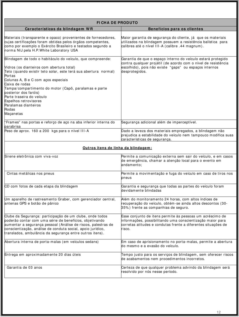 White Laboratory USA Blindagem de todo o habitáculo do veículo, que compreende: Vidros (os dianteiros com abertura total) Teto (quando existir teto solar, este terá sua abertura normal) Portas