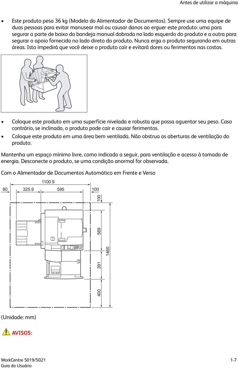 outra para segurar o apoio fornecido no lado direto do produto. Nunca erga o produto segurando em outras áreas. Isto impedirá que você deixe o produto cair e evitará dores ou ferimentos nas costas.