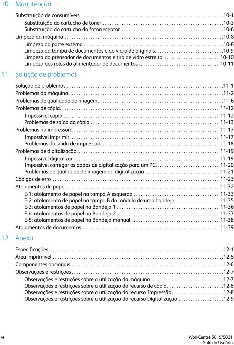 ..........................................................10-8 Limpeza da tampa de documentos e do vidro de originais.............................10-9 Limpeza do prensador de documentos e tira de vidro estreita.