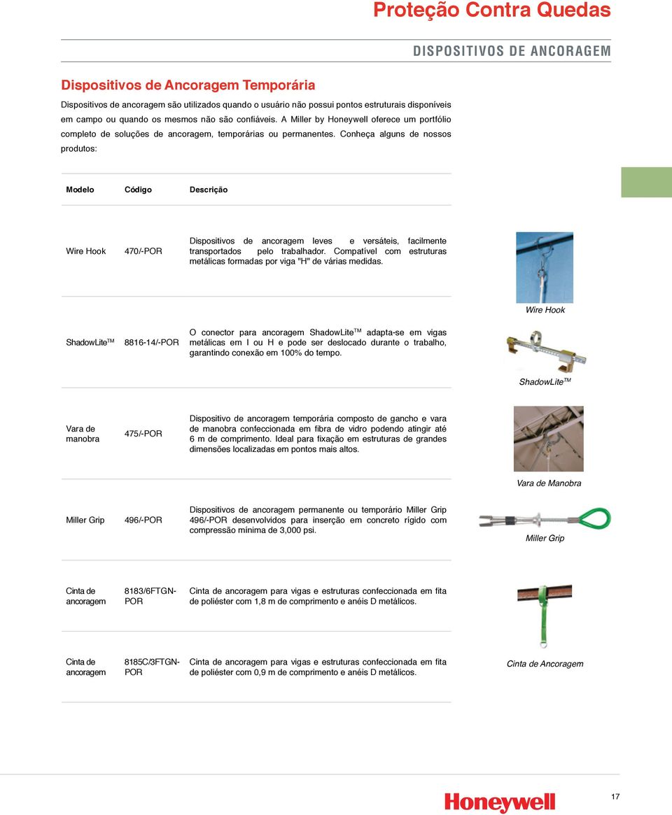 Conheça alguns de nossos produtos: Modelo Código Descrição Wire Hook 470/-POR Dispositivos de ancoragem leves e versáteis, facilmente transportados pelo trabalhador.