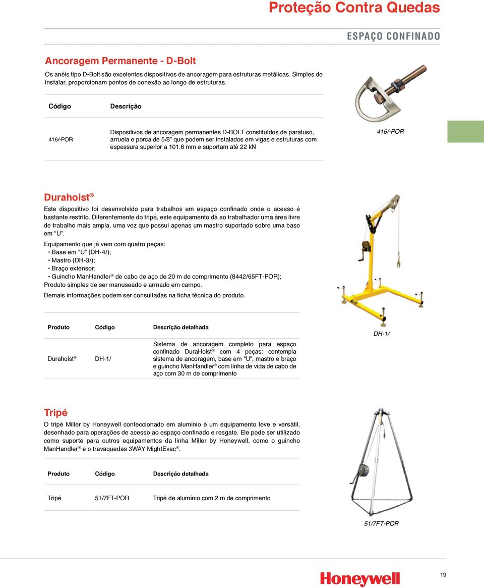 ESPAÇO CONFINADO Código Descrição 416/-POR Dispositivos de ancoragem permanentes D-BOLT constituídos de parafuso, arruela e porca de 5/8 que podem ser instalados em vigas e estruturas com espessura