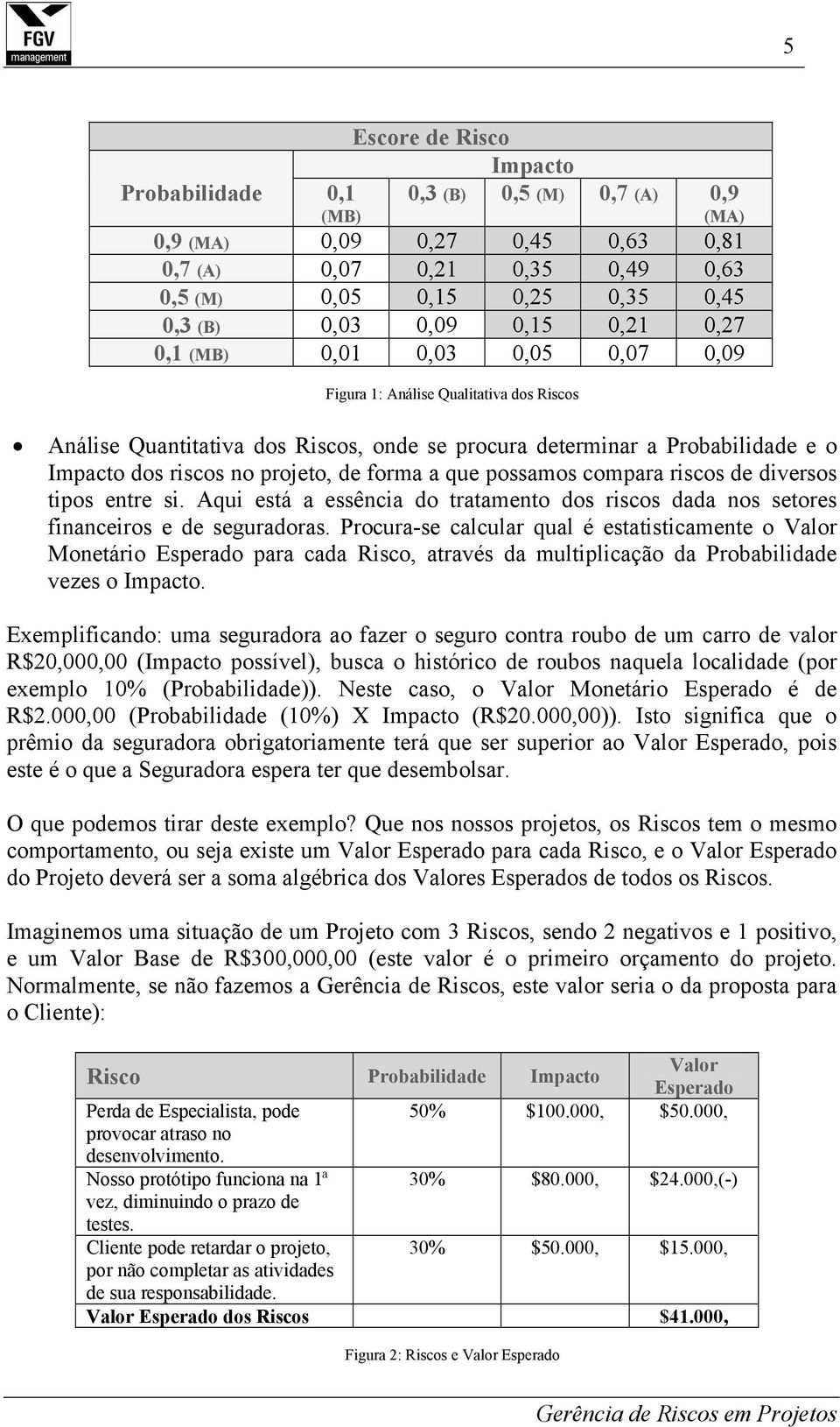 projeto, de forma a que possamos compara riscos de diversos tipos entre si. Aqui está a essência do tratamento dos riscos dada nos setores financeiros e de seguradoras.