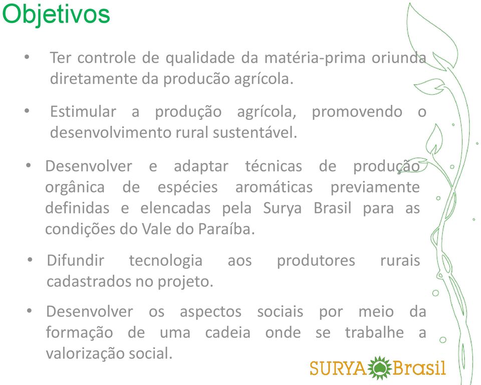 Desenvolver e adaptar técnicas de produção orgânica de espécies aromáticas previamente definidas e elencadas pela Surya Brasil