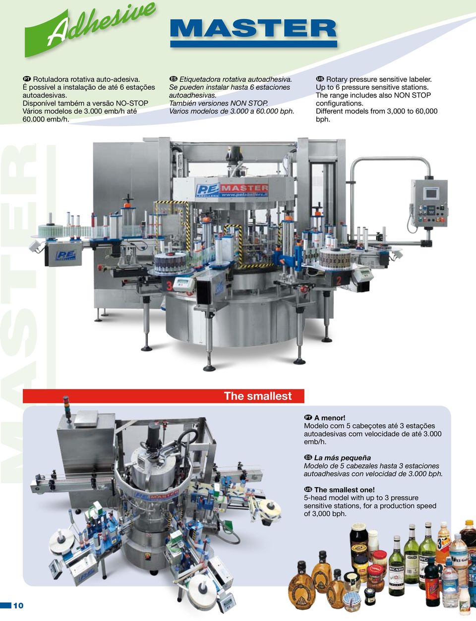 The range includes also NON STOP configurations. Different models from 3,000 to 60,000 bph. The smallest A menor! Modelo com 5 cabeçotes até 3 estações autoadesivas com velocidade de até 3.000 emb/h.