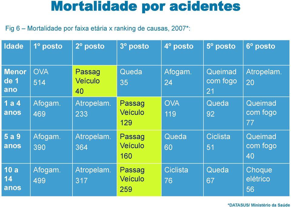 233 Passag Veículo 129 OVA 119 Queda 92 Queimad com fogo 77 5 a 9 anos Afogam. 390 Atropelam.