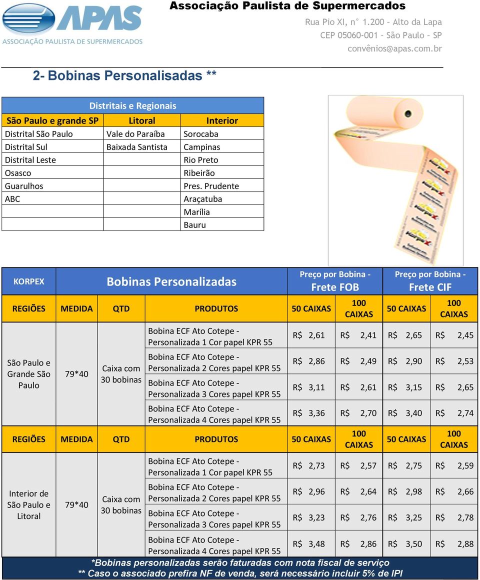 Prudente ABC Araçatuba Marília Bauru KORPEX Bobinas Personalizadas REGIÕES MEDIDA QTD PRODUTOS 50 São Paulo e Grande São Paulo Caixa com 30 bobinas Personalizada 1 Cor papel KPR 55 Personalizada 2