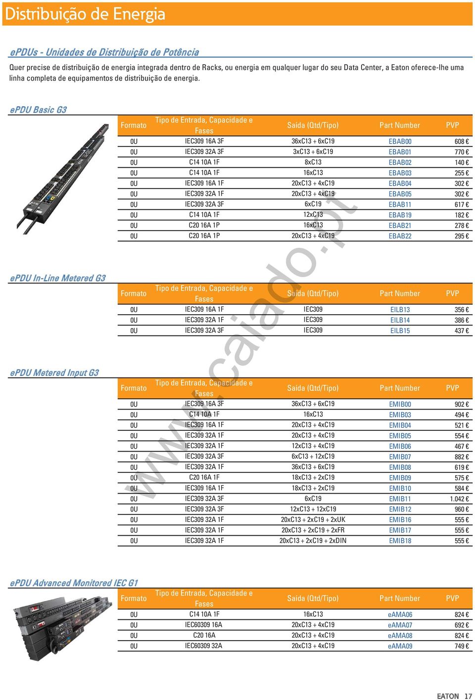 epdu Basic G3 epdu In-Line Metered G3 epdu Metered Input G3 Formato Tipo de Entrada, Capacidade e Fases Saída (Qtd/Tipo) Part Number PVP 0U IEC309 16A 3F 36xC13 + 6xC19 EBAB00 608 0U IEC309 32A 3F