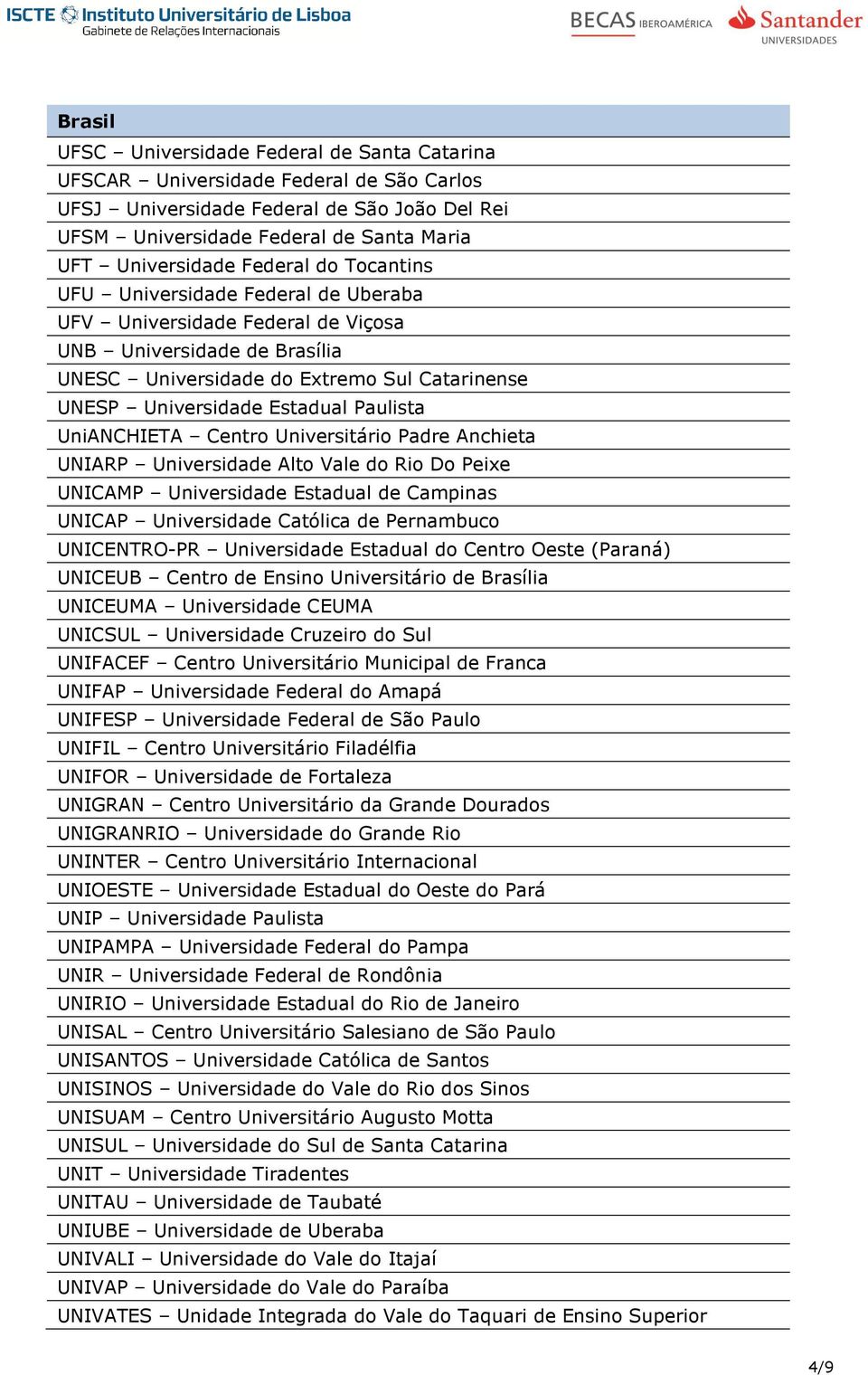 Paulista UniANCHIETA Centro Universitário Padre Anchieta UNIARP Universidade Alto Vale do Rio Do Peixe UNICAMP Universidade Estadual de Campinas UNICAP Universidade Católica de Pernambuco