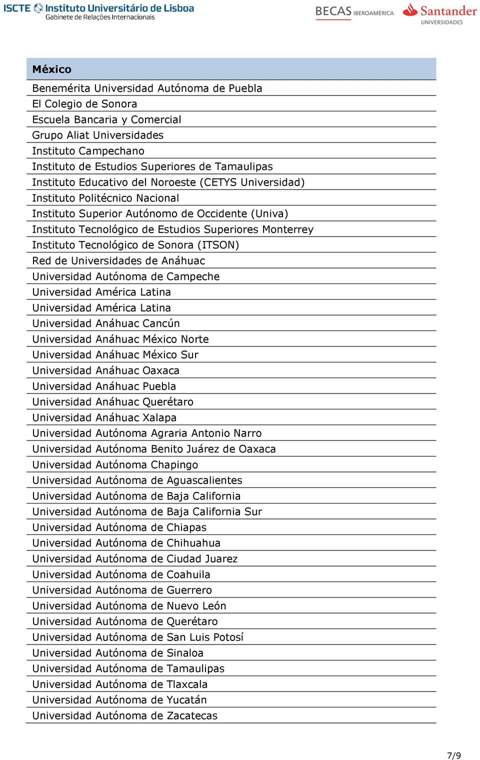 Tecnológico de Sonora (ITSON) Red de Universidades de Anáhuac Universidad Autónoma de Campeche Universidad América Latina Universidad América Latina Universidad Anáhuac Cancún Universidad Anáhuac