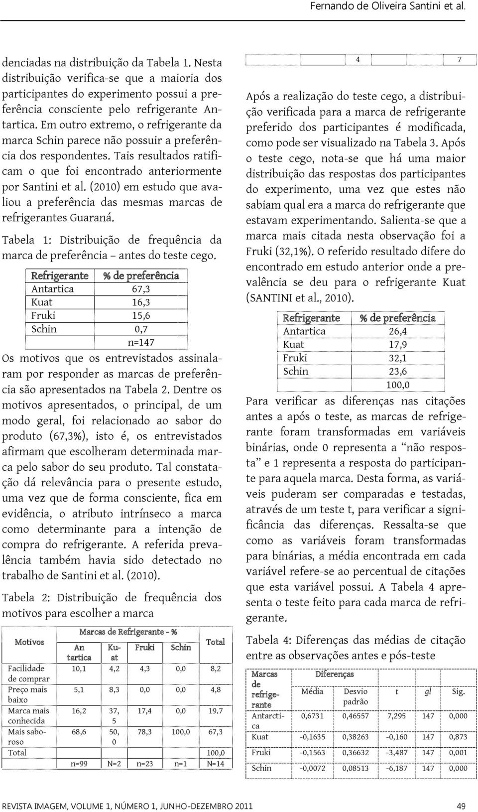 Em outro extremo, o refrigerante da marca Schin parece não possuir a preferência dos respondentes. Tais resultados ratificam o que foi encontrado anteriormente por Santini et al.