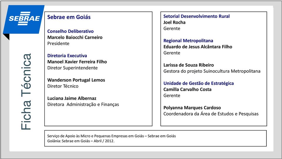 Jesus Alcântara Filho Gerente Larissa de Souza Ribeiro Gestora do projeto Suinocultura Metropolitana Unidade de Gestão de Estratégica Camilla Carvalho Costa Gerente