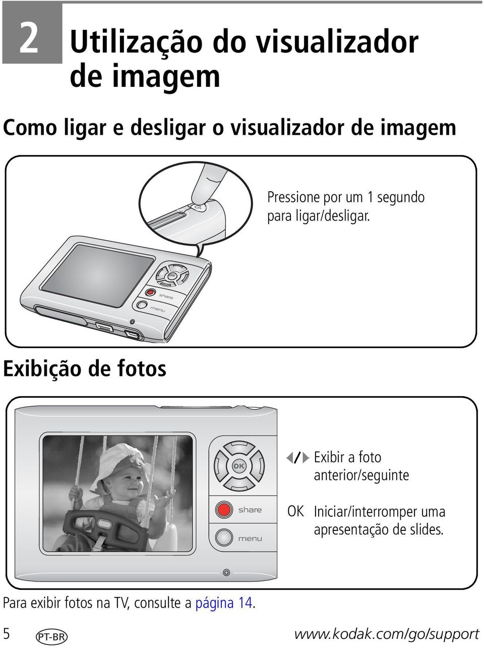 Exibição de fotos Exibir a foto anterior/seguinte OK Iniciar/interromper uma