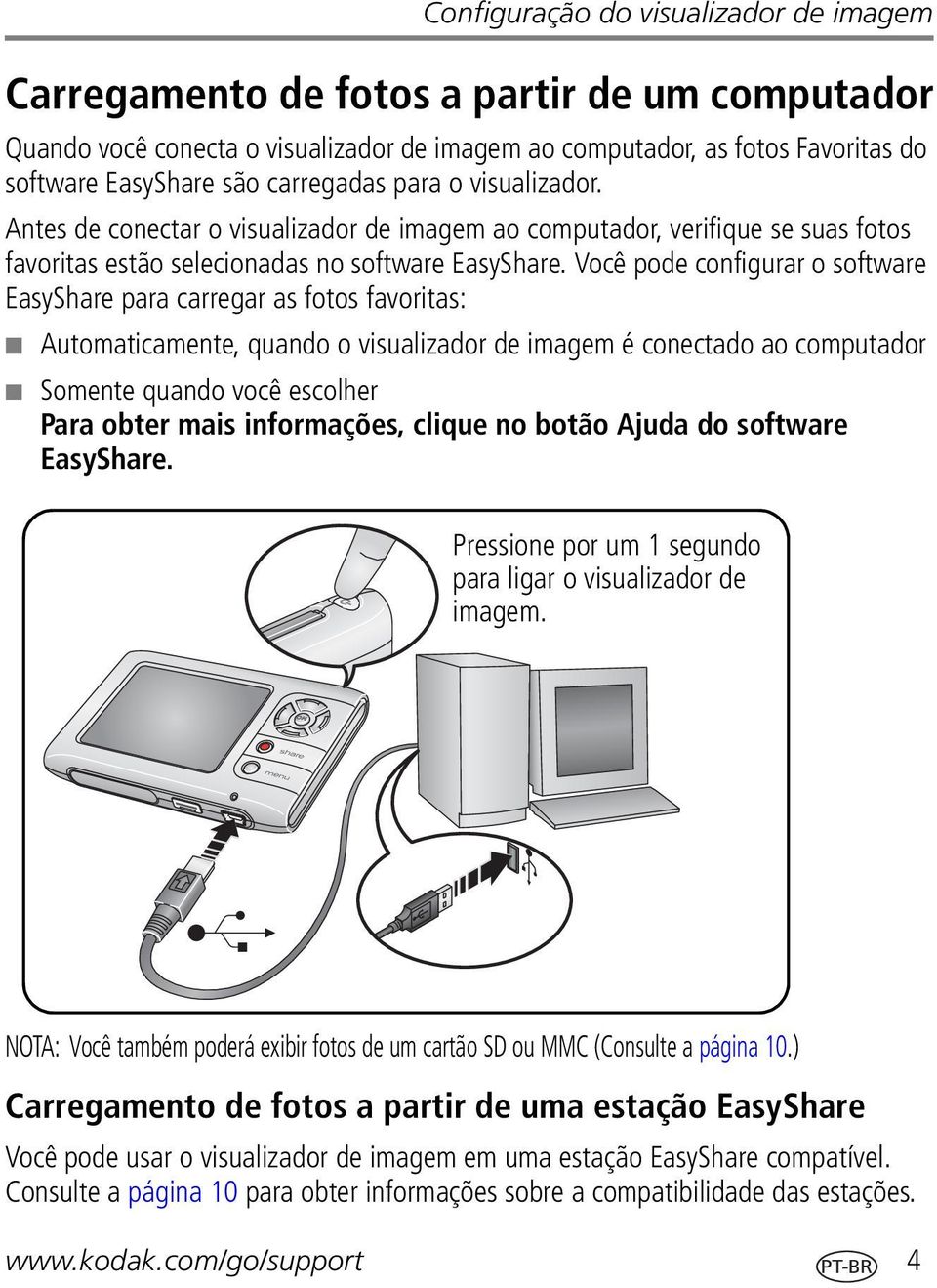 Você pode configurar o software EasyShare para carregar as fotos favoritas: Automaticamente, quando o visualizador de imagem é conectado ao computador Somente quando você escolher Para obter mais