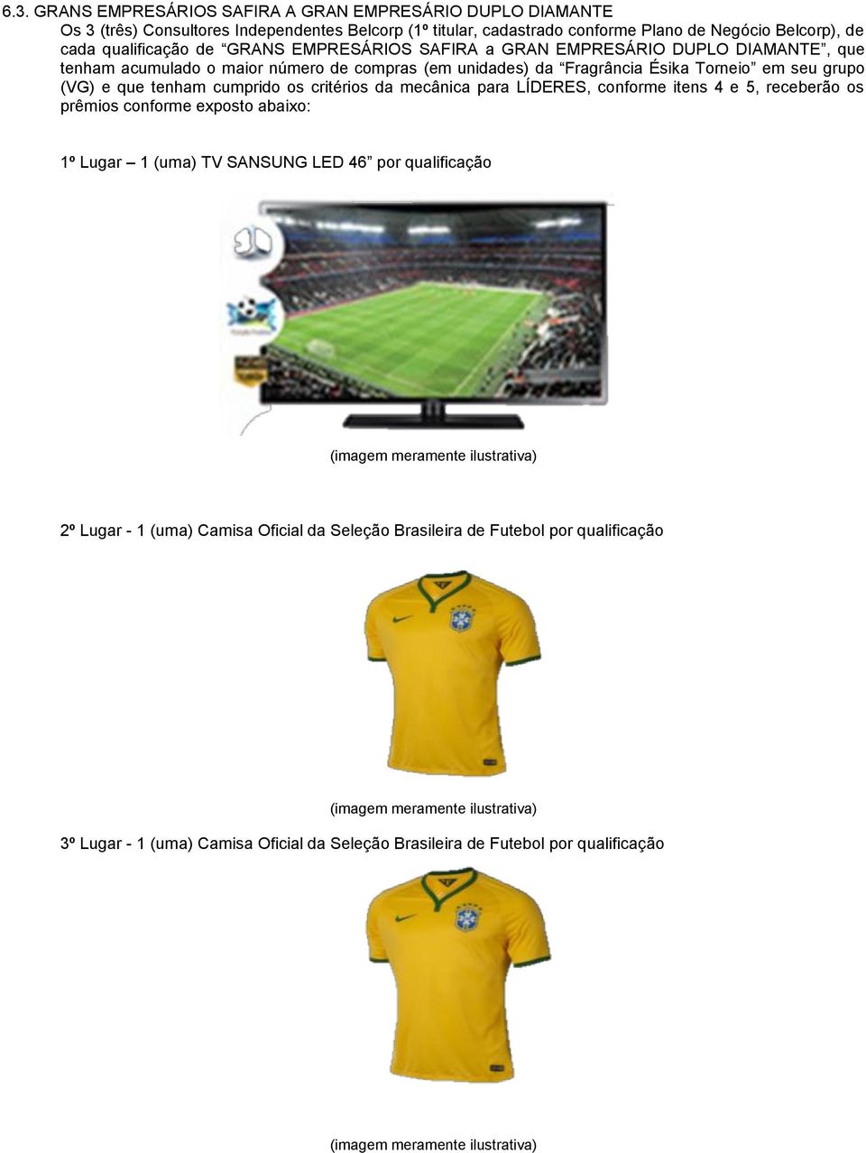 (VG) e que tenham cumprido os critérios da mecânica para LÍDERES, conforme itens 4 e 5, receberão os prêmios conforme exposto abaixo: 1º Lugar 1 (uma) TV SANSUNG LED 46 por